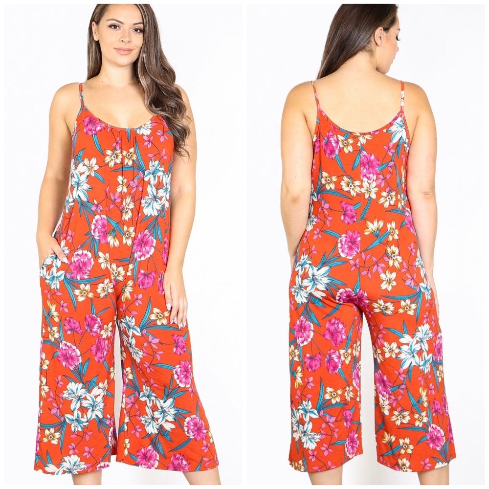 LAST ONE❗Plus Size Floral Vibrant Rust Cropped Jumpsuit - Picture 2 of 3